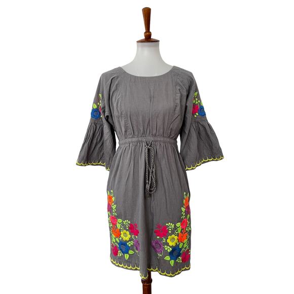 Ivy Jane Womens Boho Floral Embroidered Dress Drawstring Waist Gray S Small - Picture 1 of 8